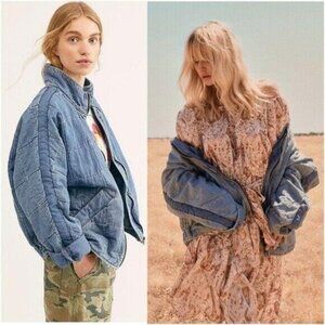Free People Light Blue  Dolman Quilted Denim Jacket Coat S Rare